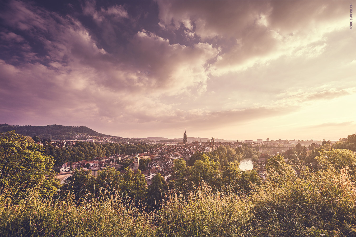 Sunset over Bern, view from the garden of roses